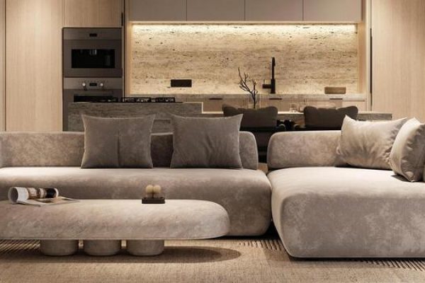 modern and stylish living room featuring a cozy sofa and ambient lighting for relaxation 3d rendering photo